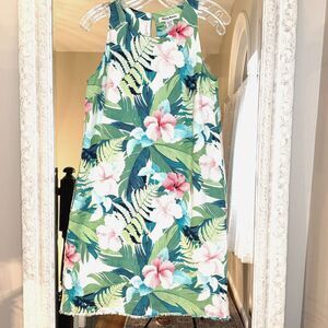 Tommy Bahama 100% Linen Tropical Floral Shift Dress,  Pockets, Fringe Hem, XS